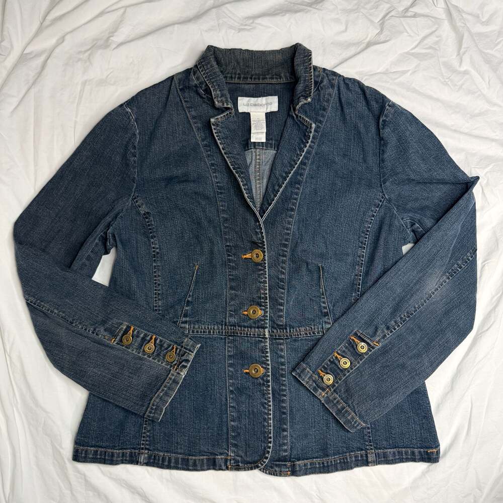 Liz Claiborne Women’s Size 12 Blue Denim Blazer Jacket Stretch Fitted
